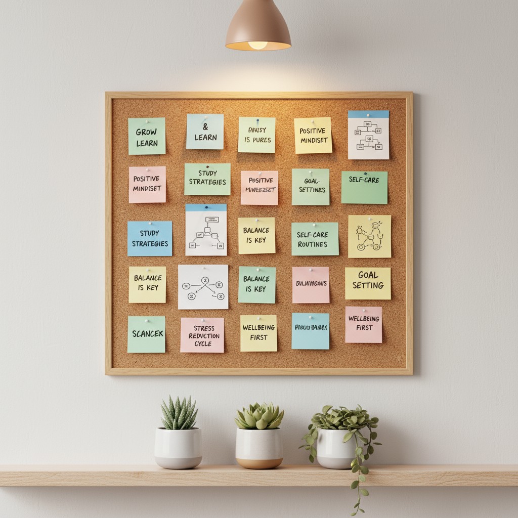 A corkboard with various inspirational notes pinned to it, accompanied by succulents on a shelf below.