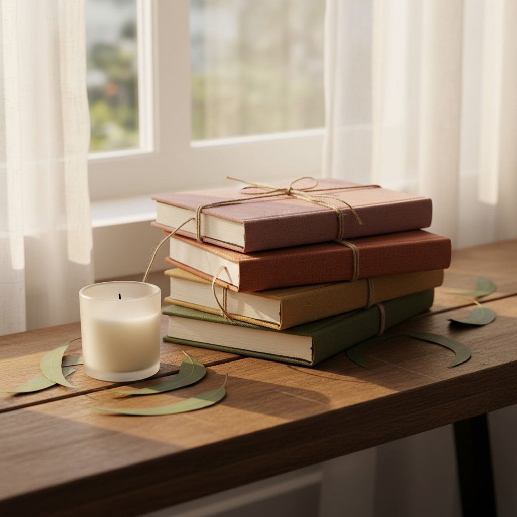 A stack of hardcover books with brown, green, and tan covers, bound with twine, placed on a wooden table beside a white ca...