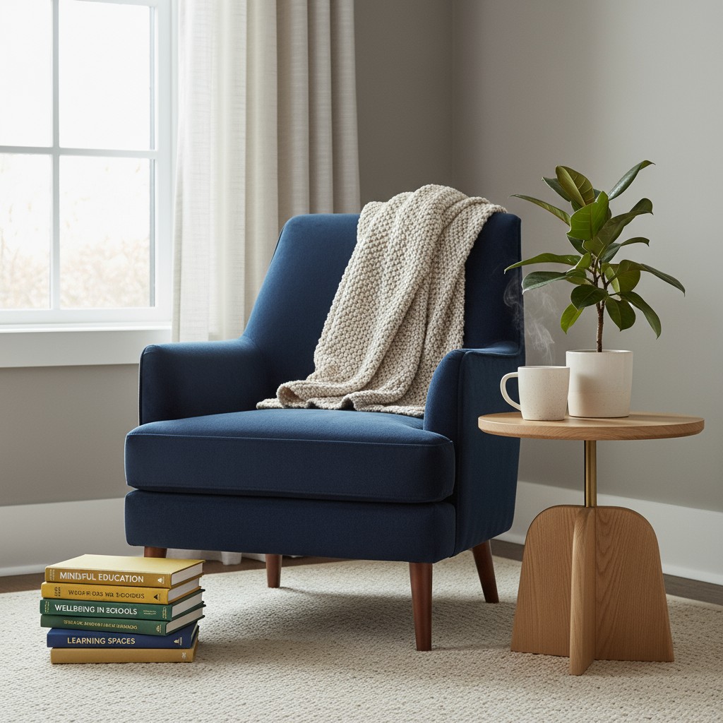 This image depicts a cozy reading nook with a midcentury modern vibe, featuring a blue armchair with a wooden side table b...