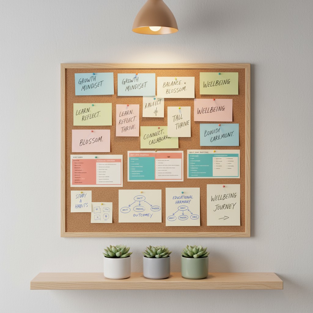 A corkboard with inspirational messages is displayed on a wall above a shelf.