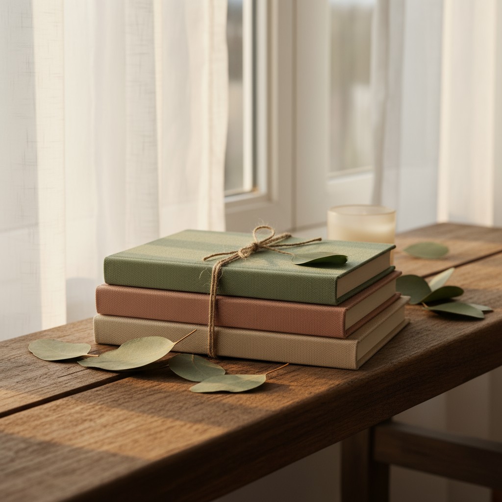 A stack of books in green, brown, and beige colors sit on a wooden table in a home setting, with a lit candle nearby.