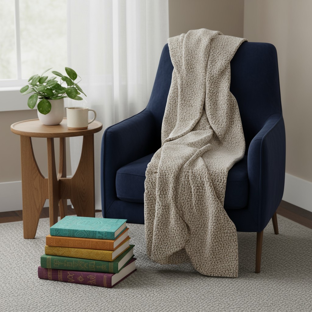 A cozy corner of a room with a blue chair, stack of books, and a side table.