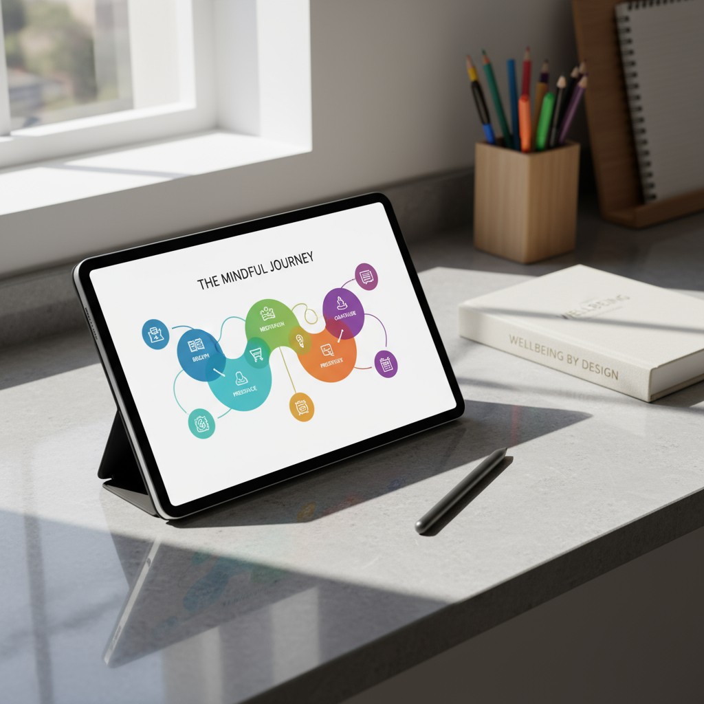 A computer tablet on a desk, displaying a brain health infographic titled "THE MINDFUL JOURNEY." The infographic tracks mi...