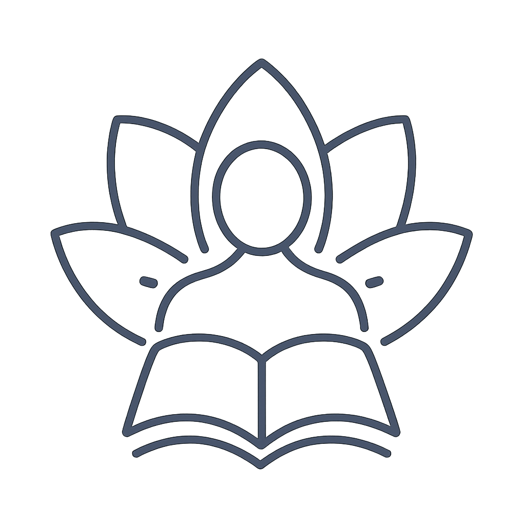 An icon of a person reading a book inside a lotus flower.